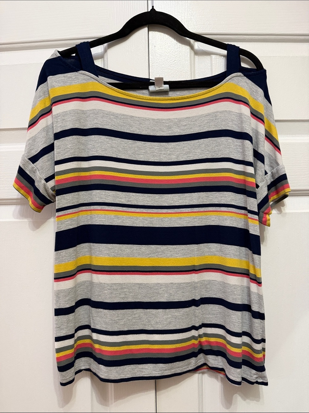 Sunday Striped Cold-Shoulder Tee in Navy, Gray, Yellow & Pink
